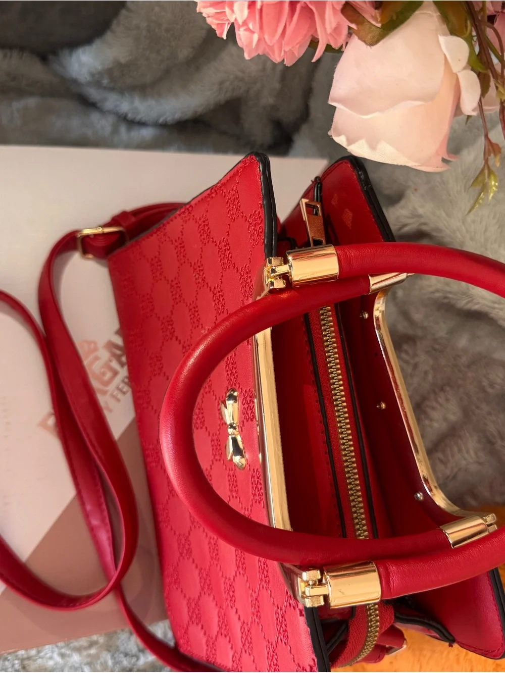 Red Structured Top-Handle Satchel with Gold Accent